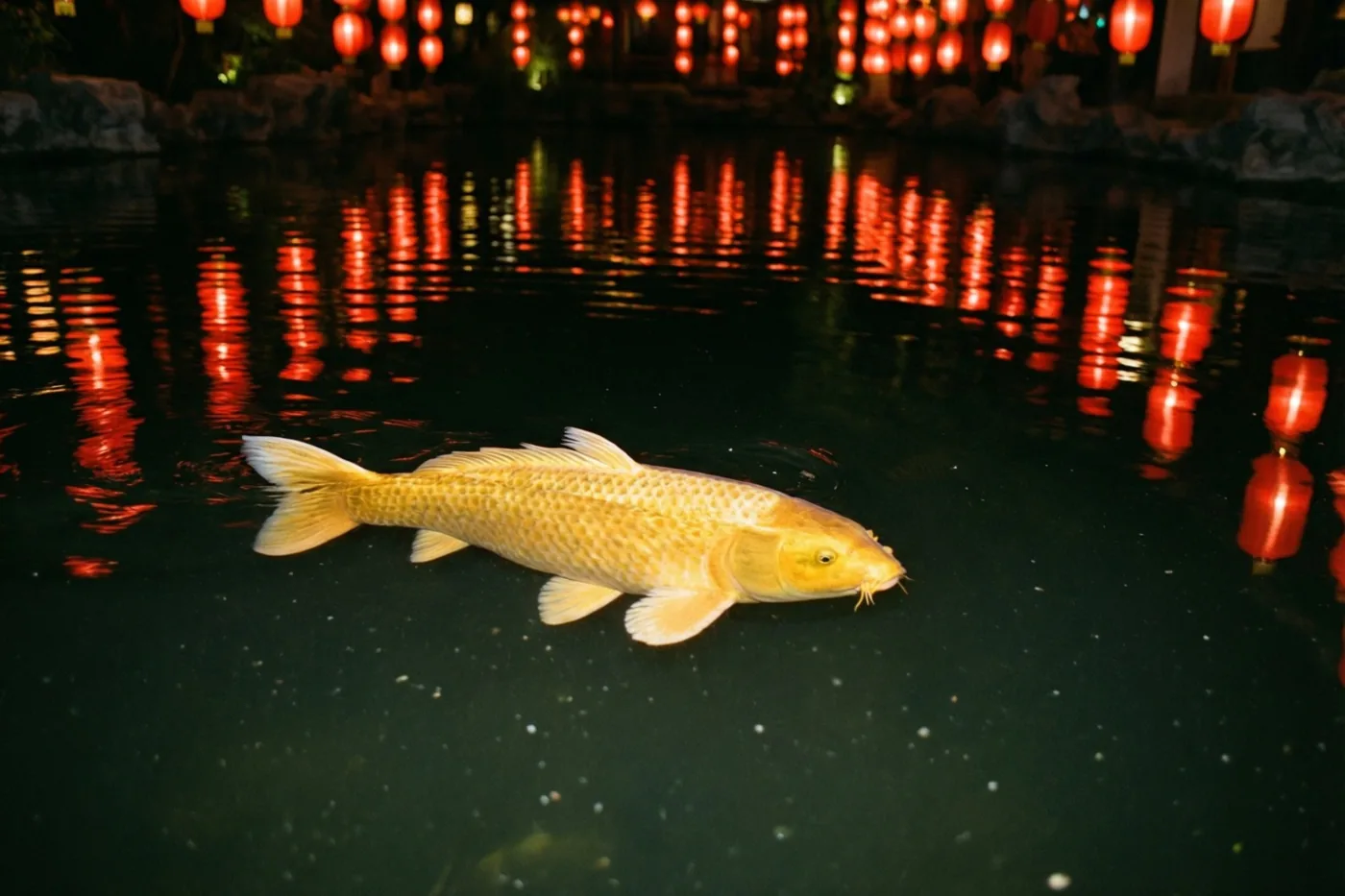 Een gouden koi zwemt 's nachts in een donkere vijver met glinsterende rode weerspiegelingen van hangende lantaarns op het water.