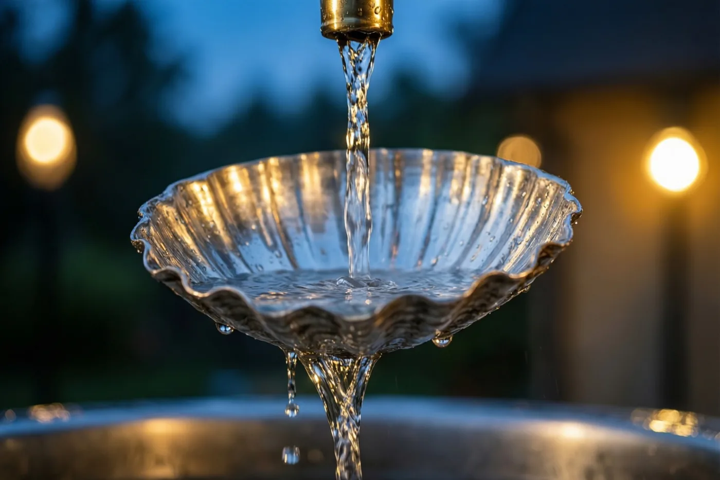 Water stroomt uit een gouden kraan in een zilveren schelpvormige kom met geschulpte rand, met druipende druppels en onscherpe warme lichtjes buiten in de schemering.