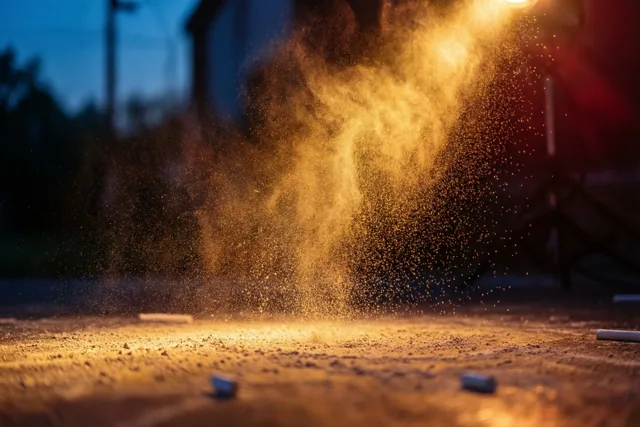 Goudkleurig krijtstof zweeft in warm licht boven een stoffig oppervlak met verspreide krijtstukjes, tegen een donkere wazige achtergrond.