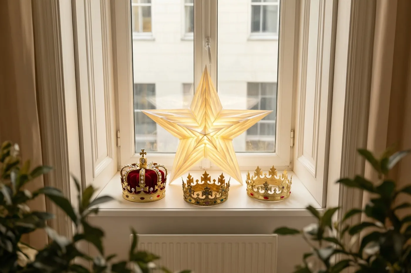 Drie sierlijke gouden kronen staan op een witte vensterbank onder een lichtgevende papieren ster in een heldere witte kamer, met zacht daglicht en groene planten op de voorgrond.