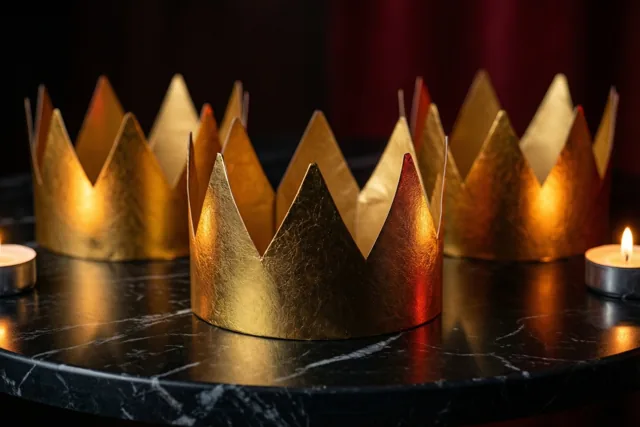 Drie gouden papieren kronen staan op een zwartmarmeren tafel in de warme gloed van kaarsen.