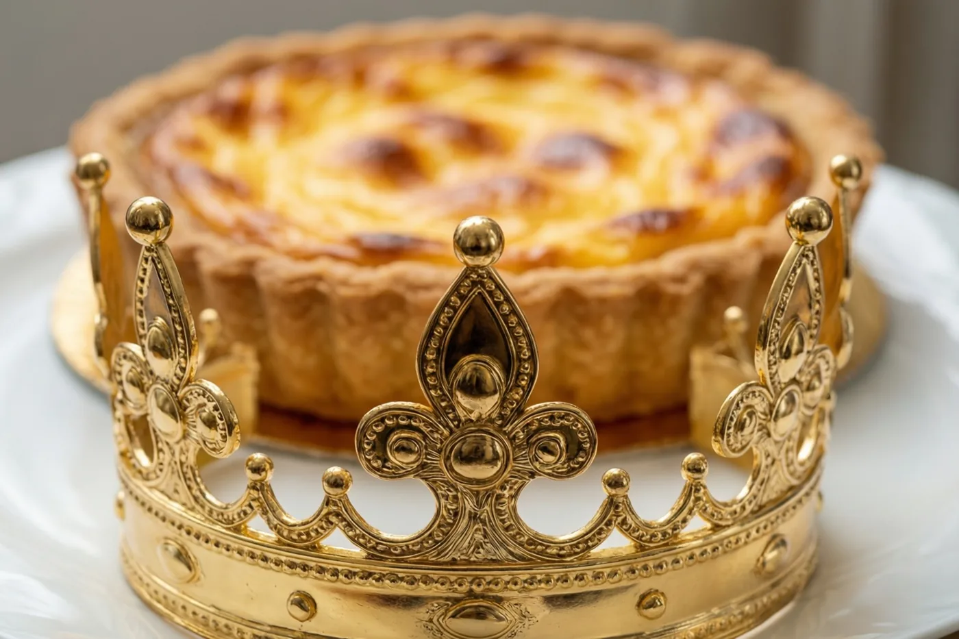 De sierlijke punten van een gouden kroon zijn van dichtbij te zien op een wit bord, met een wazige frangipanetaart op de achtergrond.