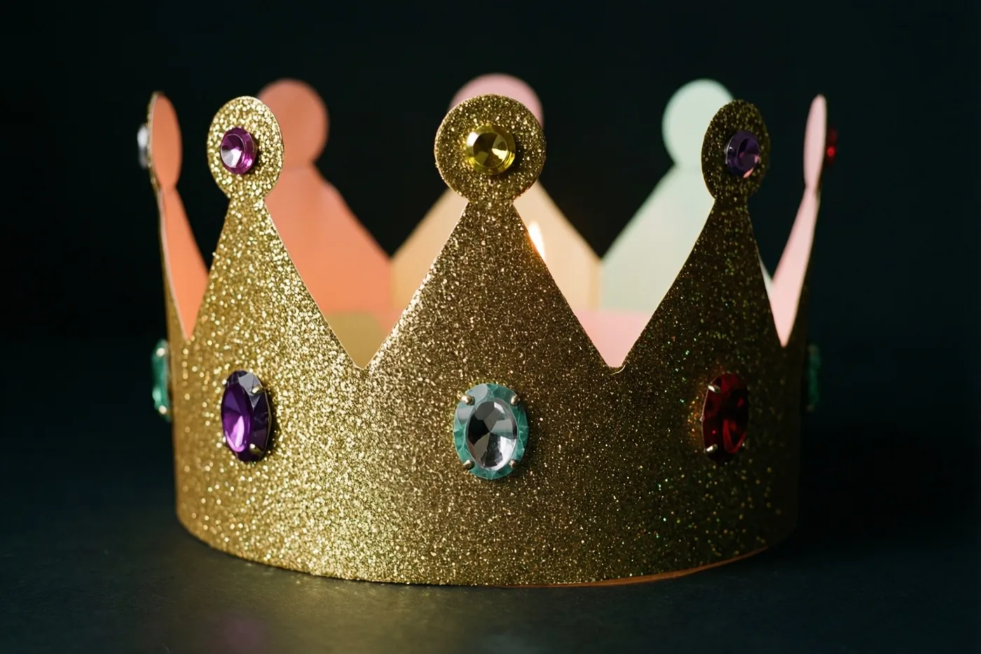 Een glinsterende gouden papieren kroon met kleurrijke papieren juwelen is van dichtbij te zien in kaarslicht tegen een donkere achtergrond.