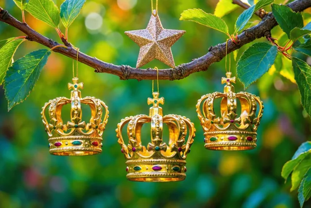 Drie kleine gouden kroontjes en een glinsterende ster hangen aan een tak met groene bladeren, voor een wazige groene achtergrond.