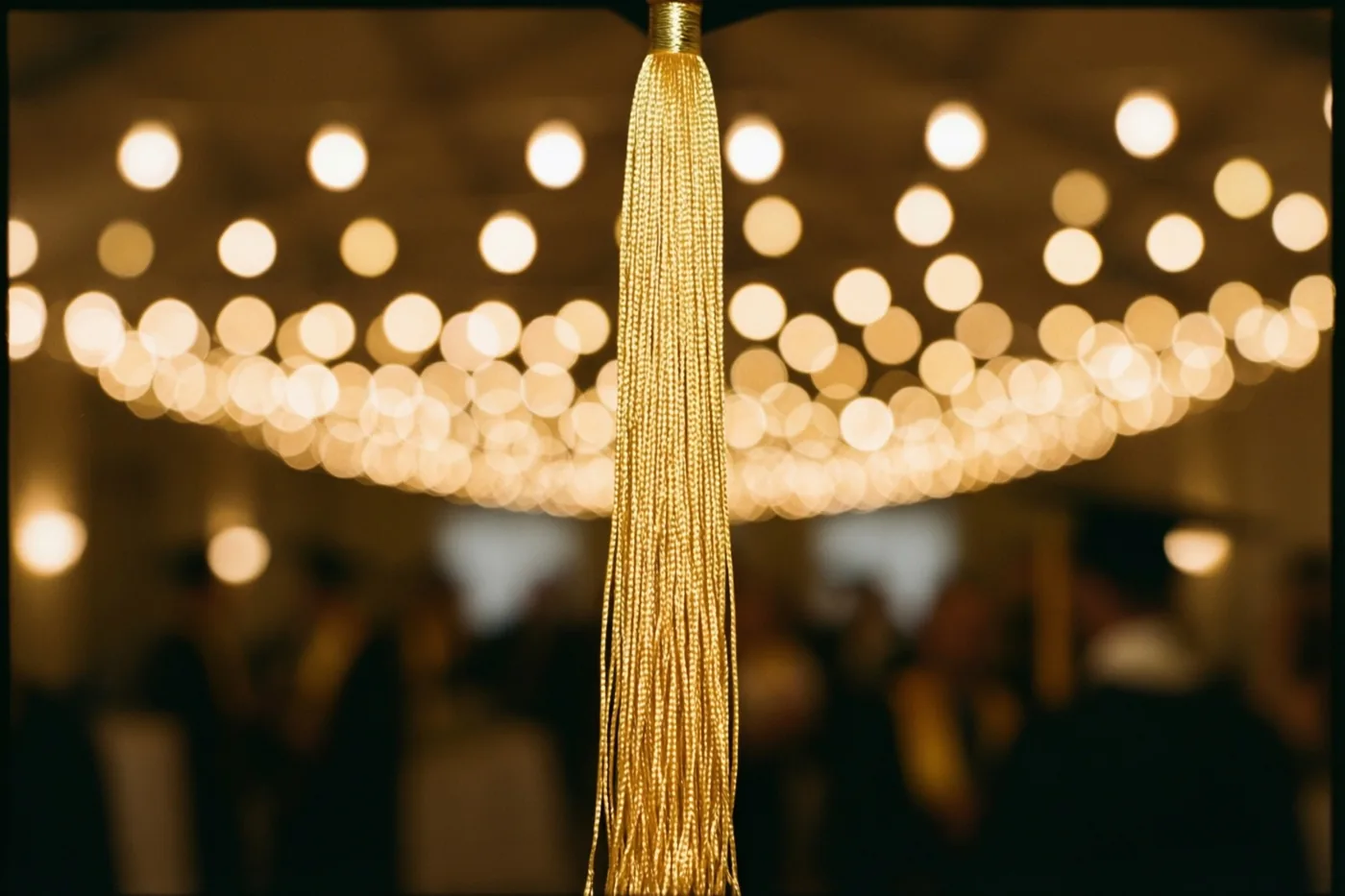 Een gouden kwastje van een afstudeerhoed is scherp van dichtbij gefotografeerd, met onscherpe warme feestlichtjes op de achtergrond.