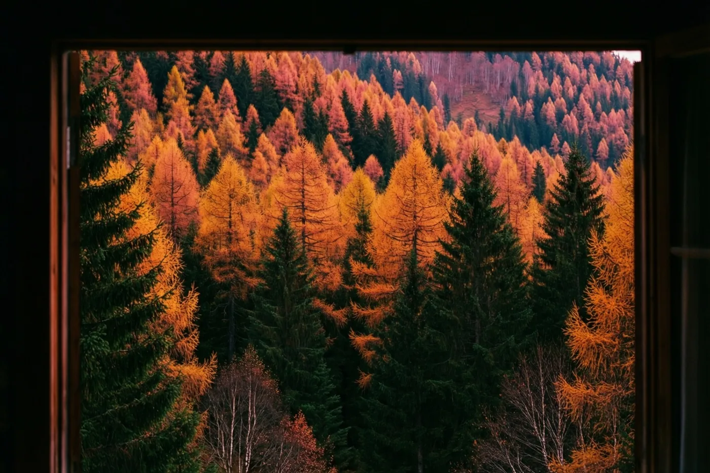Door een houten raam is een beboste heuvel te zien met goudgele lariksen tussen donkergroene dennen in warm herfstlicht.