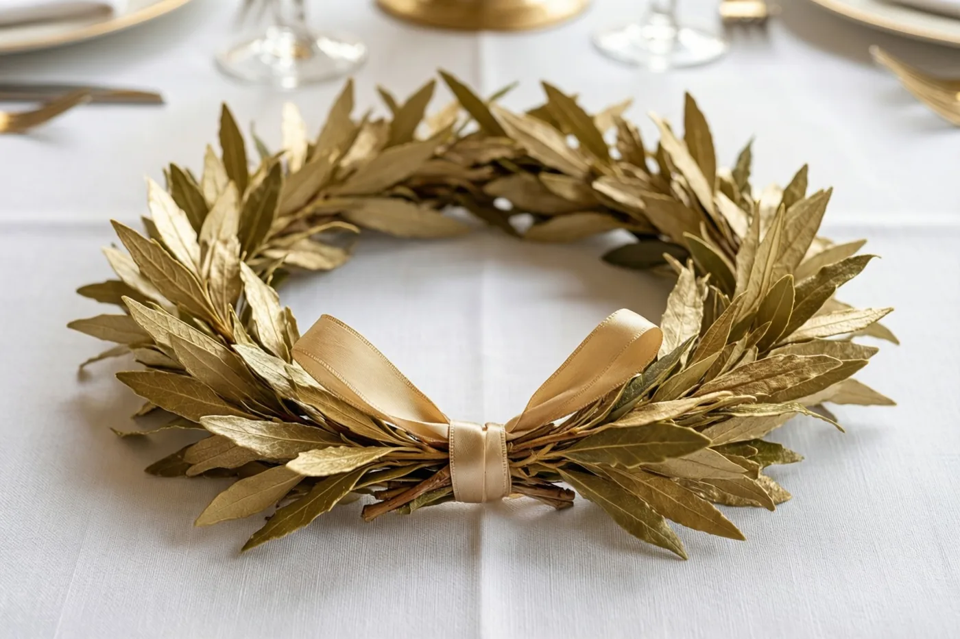 Een gouden lauwerkrans met een crèmekleurig lint ligt op een wit linnen tafelkleed met elegant servies op de achtergrond.