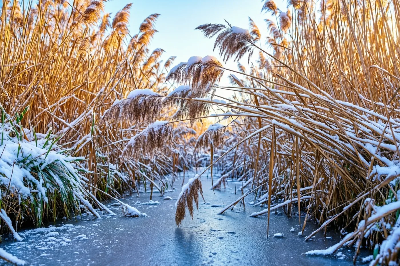 Besneeuwd riet en lisdodden buigen over een bevroren sloot, waar goudkleurig middaglicht afsteekt tegen blauw ijs en witte sneeuw.