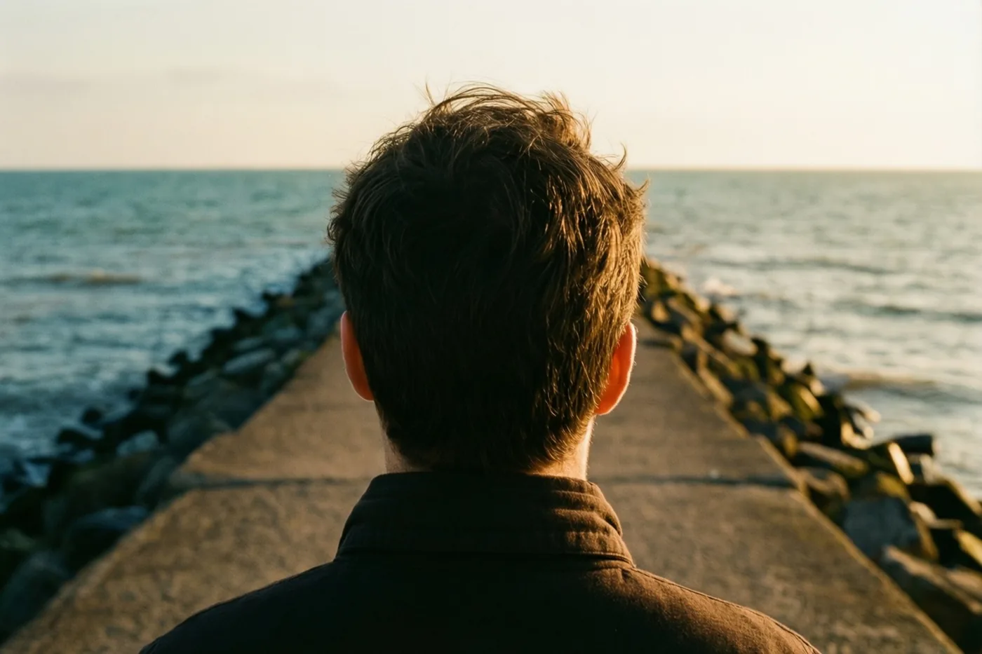 Een persoon staat met de rug naar de camera op een betonnen dijk en kijkt in warm gouden licht over zee onder een zachte hemel.