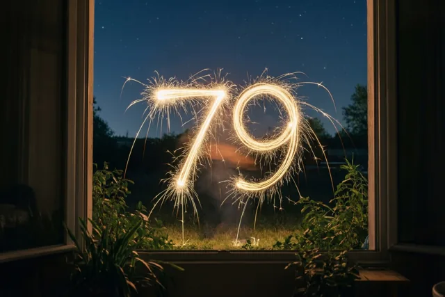 Gouden lichtsporen van sterretjes vormen 79 tegen een sterrenhemel, gezien door een houten raamkozijn met planten op de voorgrond.