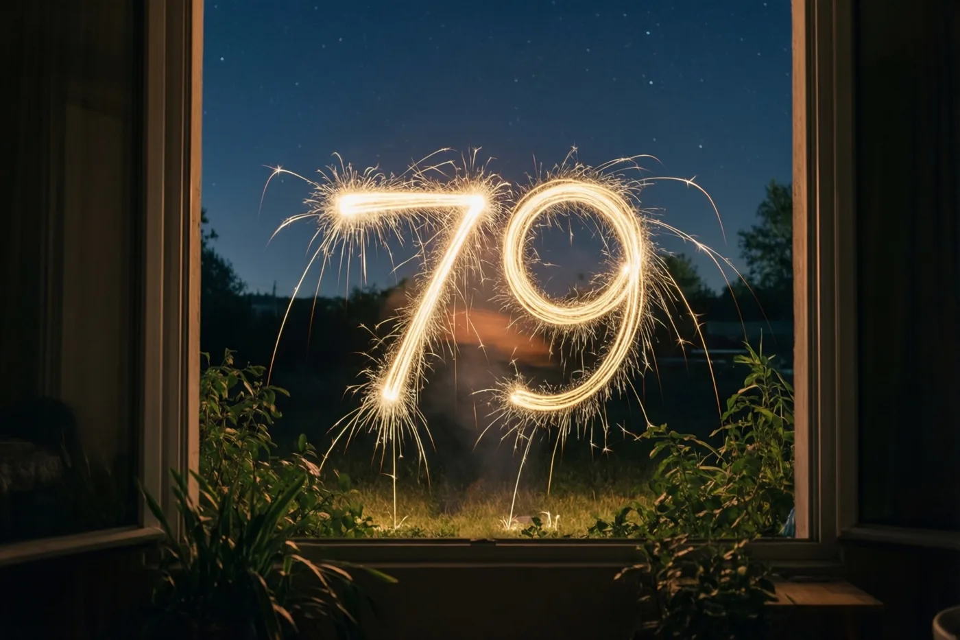 Gouden lichtsporen van sterretjes vormen 79 tegen een sterrenhemel, gezien door een houten raamkozijn met planten op de voorgrond.