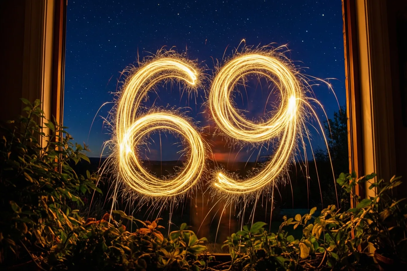 Door een raam met ruiten en kamerplanten is het getal 69 in gouden lichtsporen van sterretjes te zien tegen een sterrenhemel.