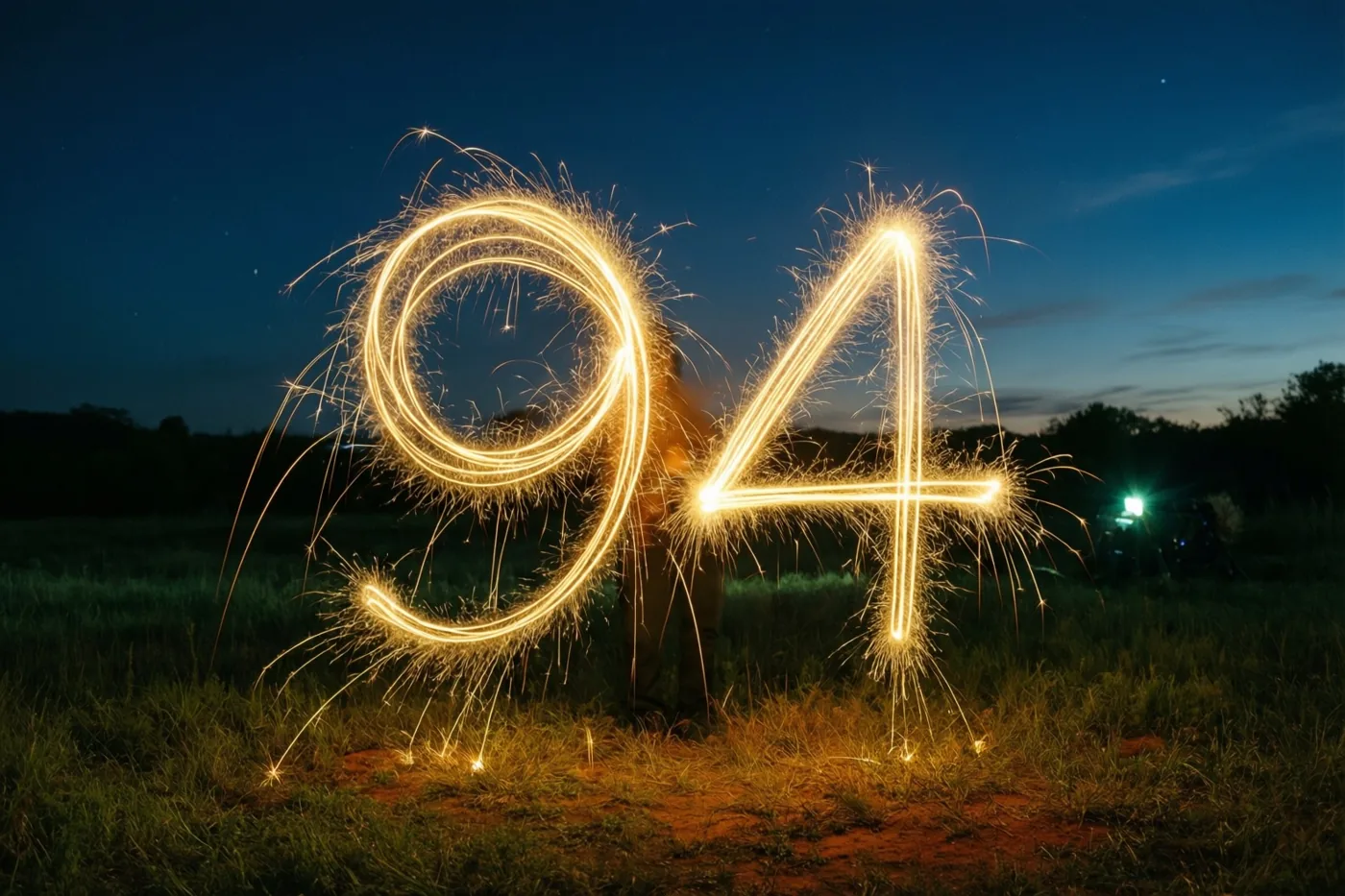 Gouden lichtsporen van sterretjes schrijven 94 boven een open grasveld onder een diepblauwe en zwarte nachtlucht.