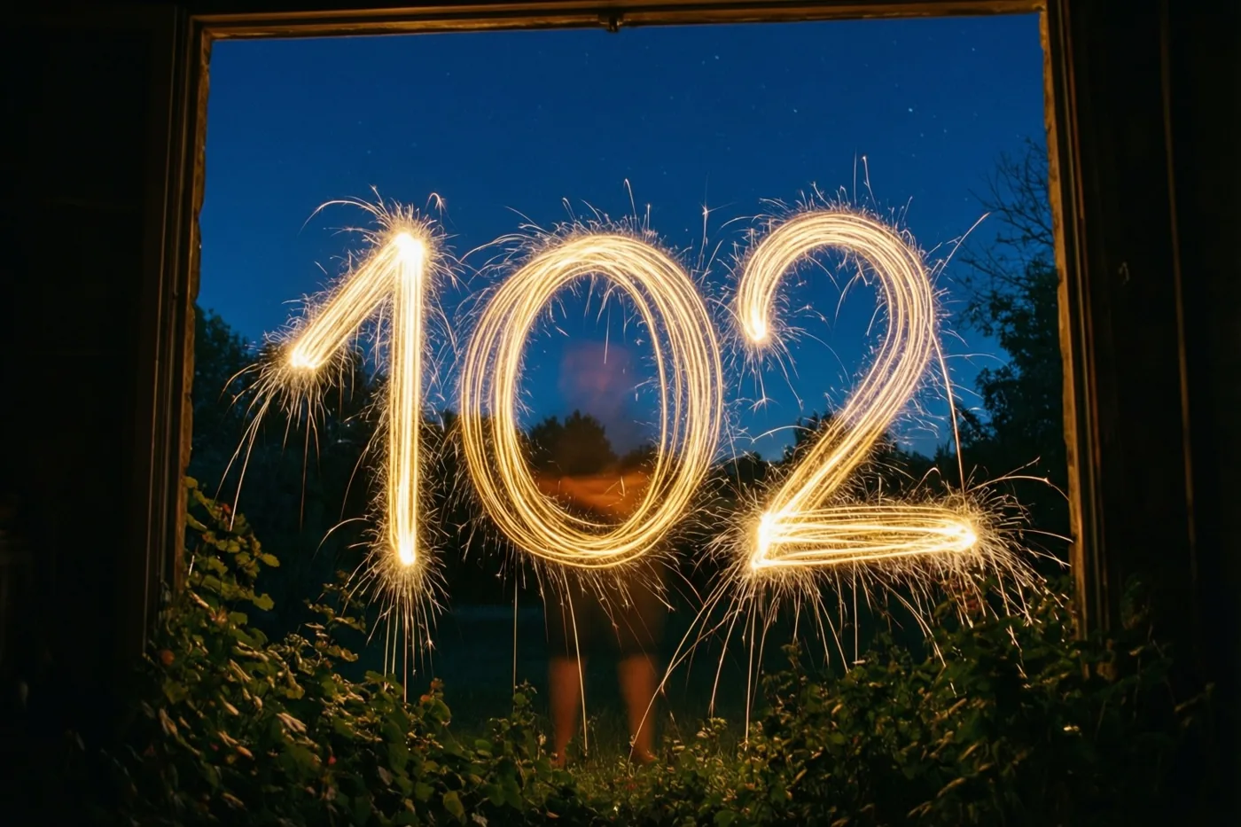Door een raam zie je gouden lichtsporen van sterretjes die 102 vormen tegen een donkerblauwe nachthemel.