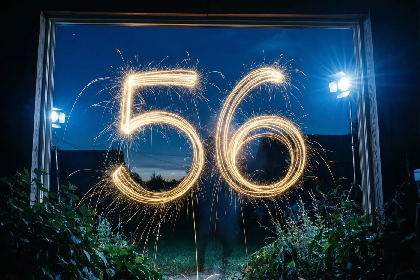 Door een raamkozijn zijn gouden lichtsporen in de vorm van 56 tegen een donkerblauwe nachtlucht te zien, met studiolampen aan weerszijden en groen op de voorgrond.