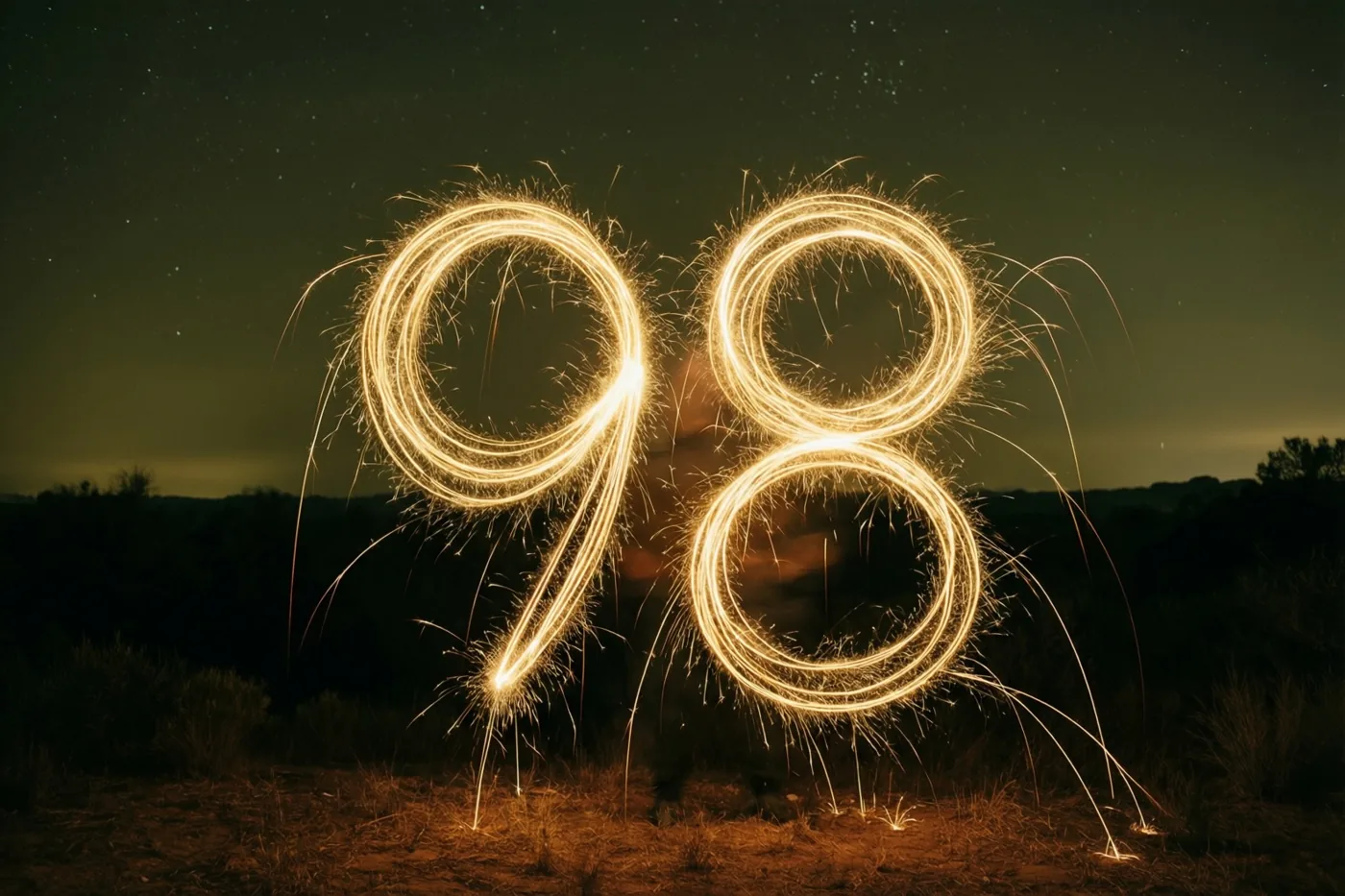 Gouden lichtsporen van sterretjes vormen 98 onder een donkere sterrenhemel, boven droge grond met silhouetten van bomen op de achtergrond.