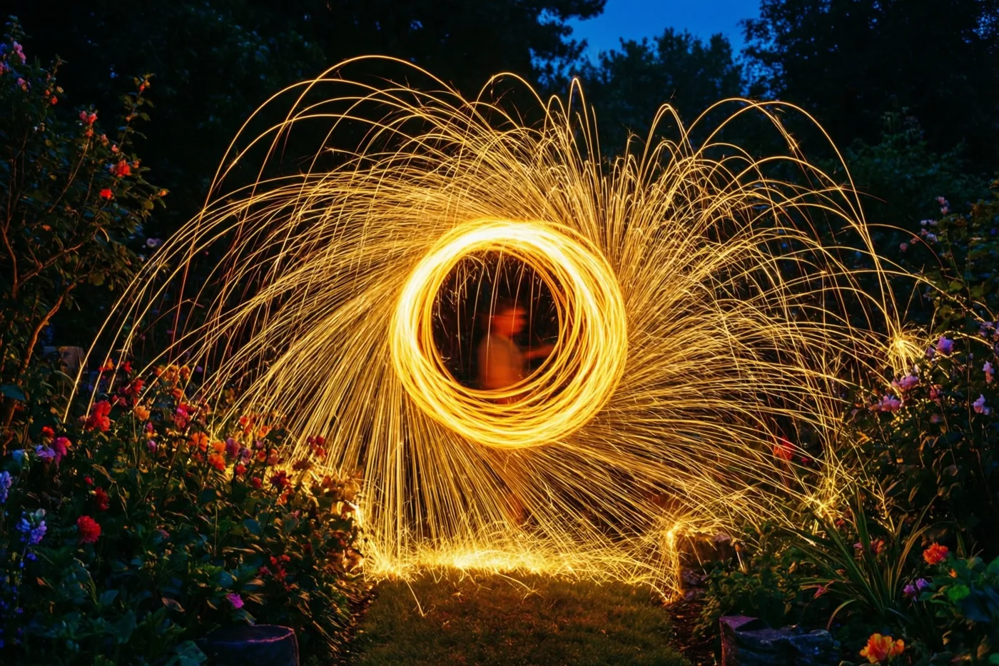 Gouden lichtsporen van een sterretje vormen een gloeiende cirkel in een schemerige tuin met kleurrijke bloemen, donker gebladerte en een diepblauwe hemel.