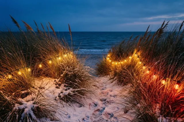 Gouden kerstlichtjes in het helmgras