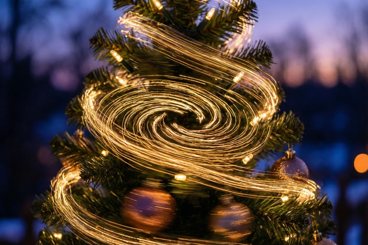 Gouden lichtstrepen kringelen rond de takken van een kerstboom in close-up, tegen een wazige schemerlucht in blauwe en paarse tinten.