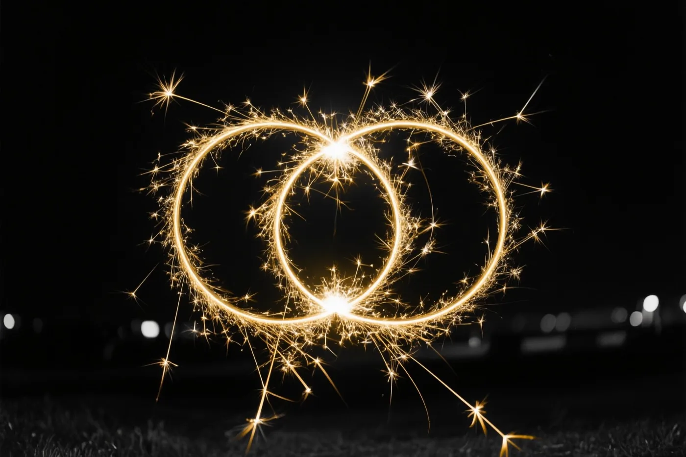 Twee gouden lichtsporen van sterretjes vormen in elkaar grijpende lussen met heldere vonken tegen een donkere nachtlucht.