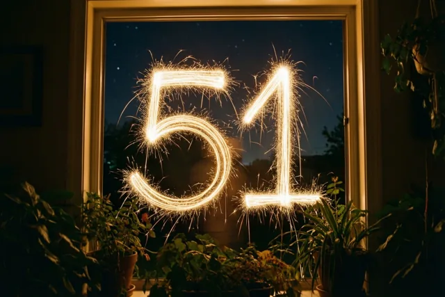Gouden lichtsporen van sterretjes vormen 51 in de donkere nachthemel achter een raam, met warm binnenlicht en potplanten op de voorgrond.