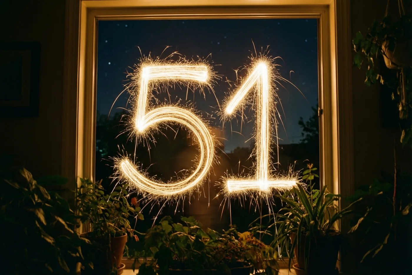 Gouden lichtsporen van sterretjes vormen 51 in de donkere nachthemel achter een raam, met warm binnenlicht en potplanten op de voorgrond.