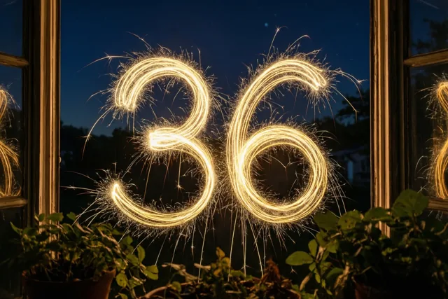 Door een raam met houten kozijnen zie je het getal 36 in gouden lichtsporen tegen een donkere hemel, met potplanten op de voorgrond.