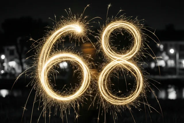 Gouden lichtsporen van sterretjes vormen 68 tegen een donkere nachtlucht, met onscherpe stadslichtjes op de achtergrond.