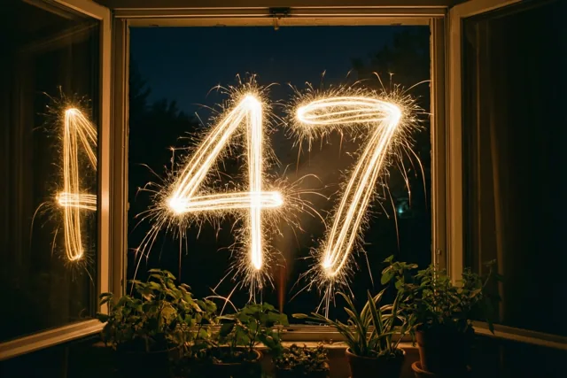 Door een raam met potplanten eronder is 47 van gouden lichtsporen van sterretjes te zien tegen een donkere nachthemel.