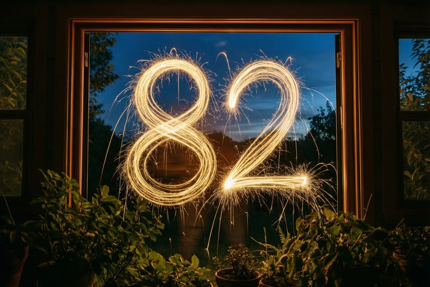 Gouden lichtsporen van sterretjes vormen 82 tegen een donkerblauwe nachthemel, gezien door een houten raam met kamerplanten eromheen.
