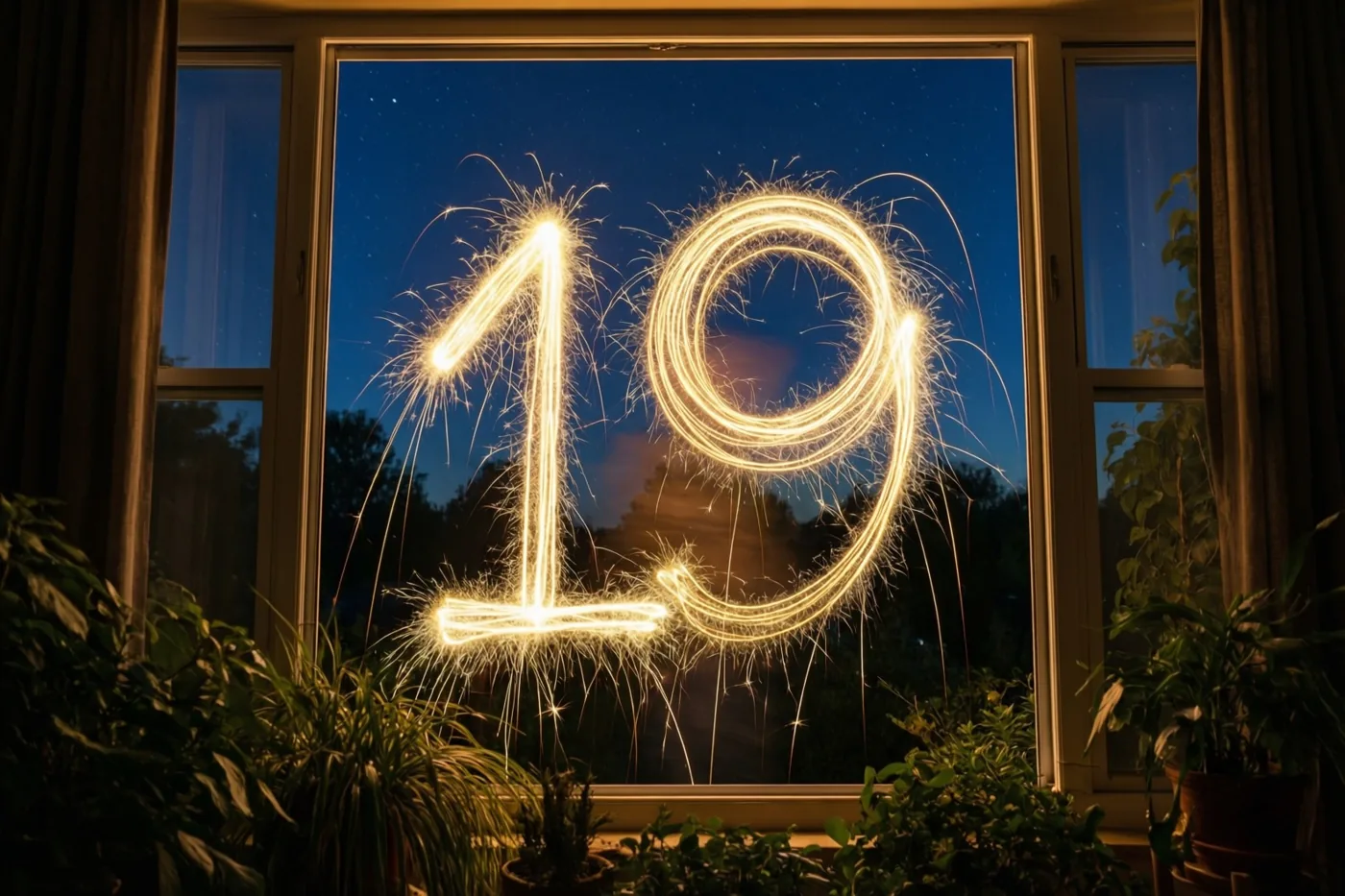 Gouden lichtsporen vormen 19 tegen een sterrenhemel, zichtbaar door een raam met gordijnen en kamerplanten.