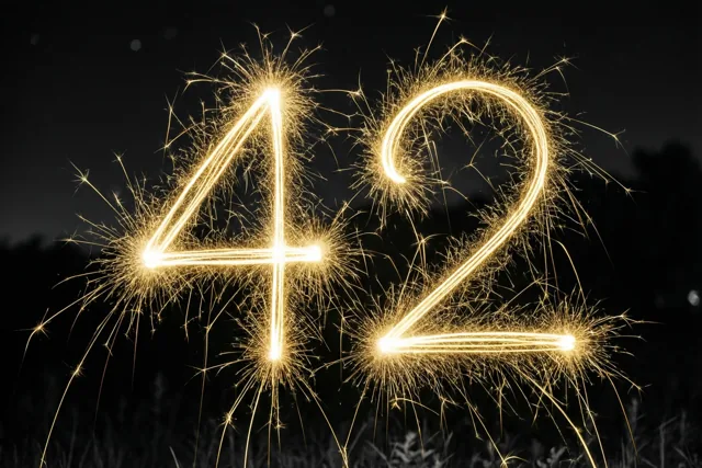 Gouden lichtsporen van sterretjes vormen 42 tegen een donkere nachthemel.