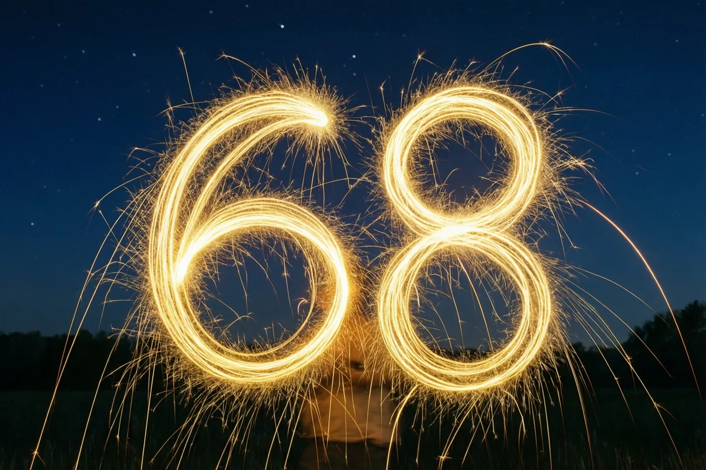 Gouden lichtsporen van sterretjes vormen het getal 68 boven een veld onder een diepblauwe nachtlucht met zichtbare sterren.