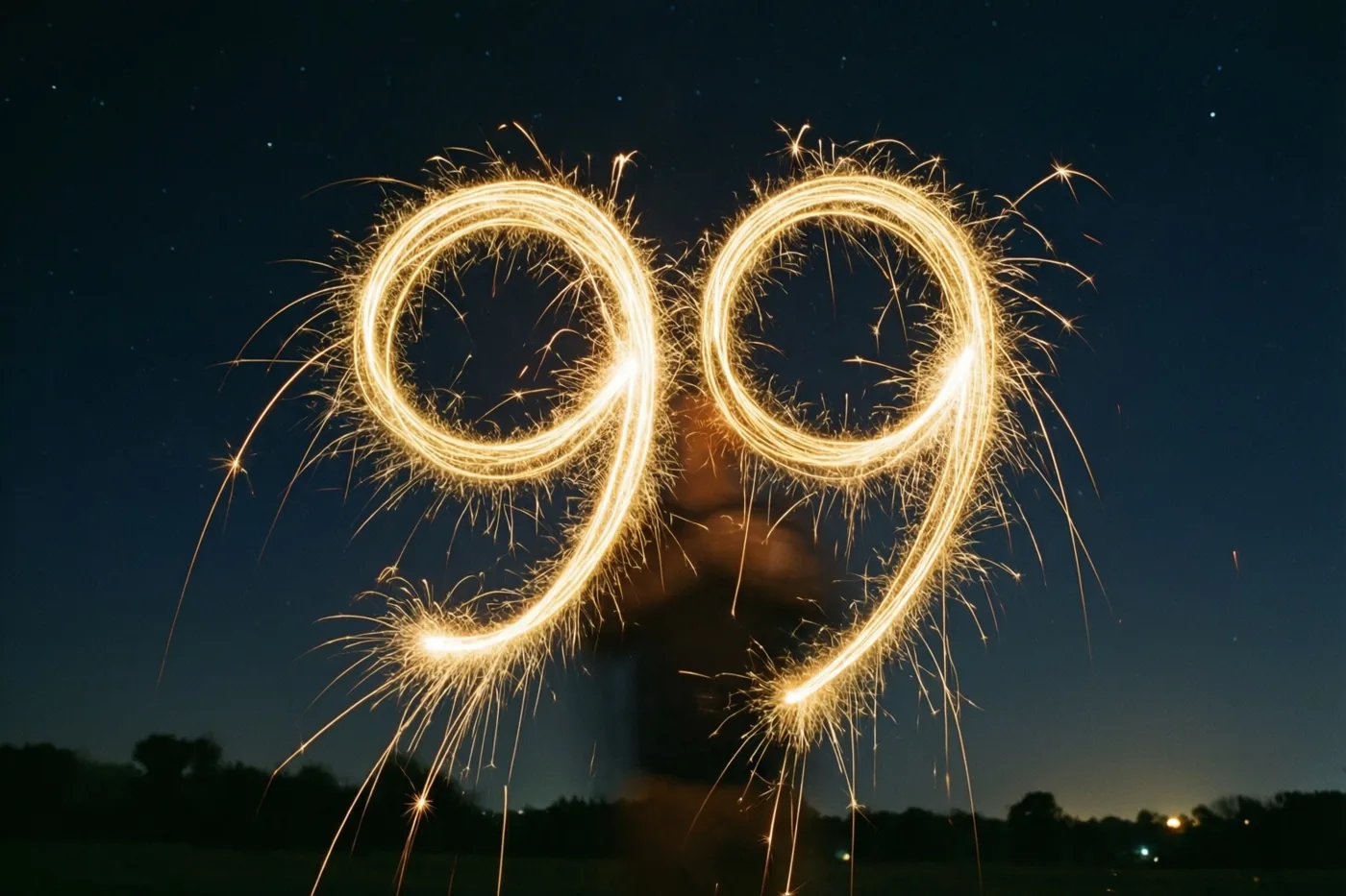 Gouden lichtsporen van sterretjes vormen het getal 99 tegen een sterrenhemel, boven silhouetten van bomen en lichtjes aan de horizon.