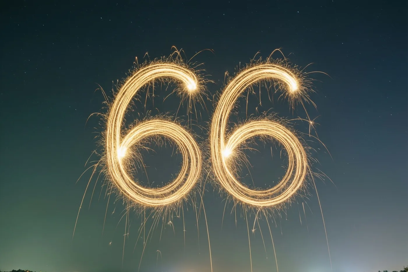 Gouden lichtsporen van sterretjes vormen het getal 66 tegen een donkerblauwe nachthemel met zwakke sterren.