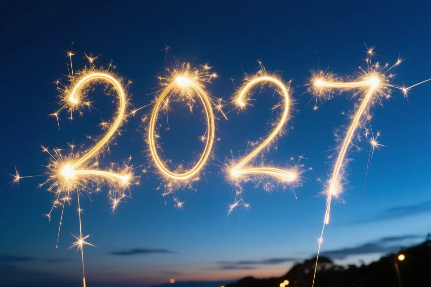 Gouden lichtsporen van sterretjes vormen 2027 tegen een diepblauwe avondhemel met kleurverloop en lichtjes in de verte.