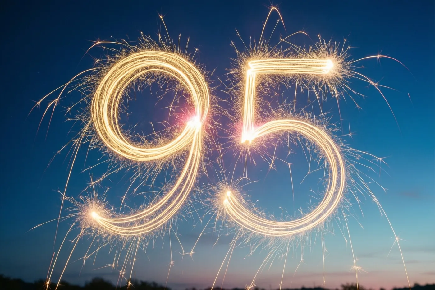Gouden lichtsporen van sterretjes vormen 95 tegen een schemerlucht in diepblauwe en paarse tinten.
