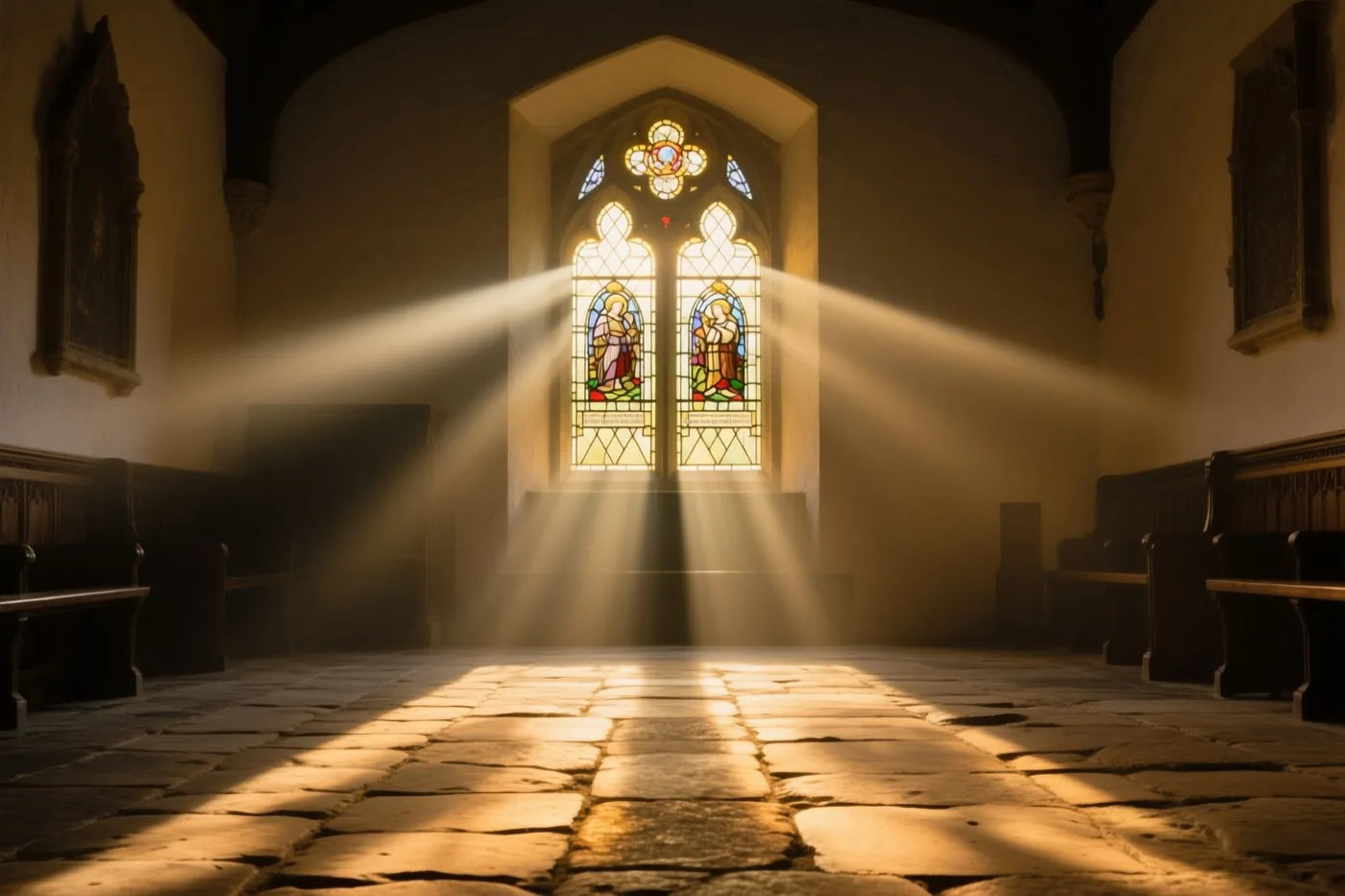 Een gouden lichtstraal valt door een glasraam op de stenen vloer van een schemerige kerk met houten banken en bogen.