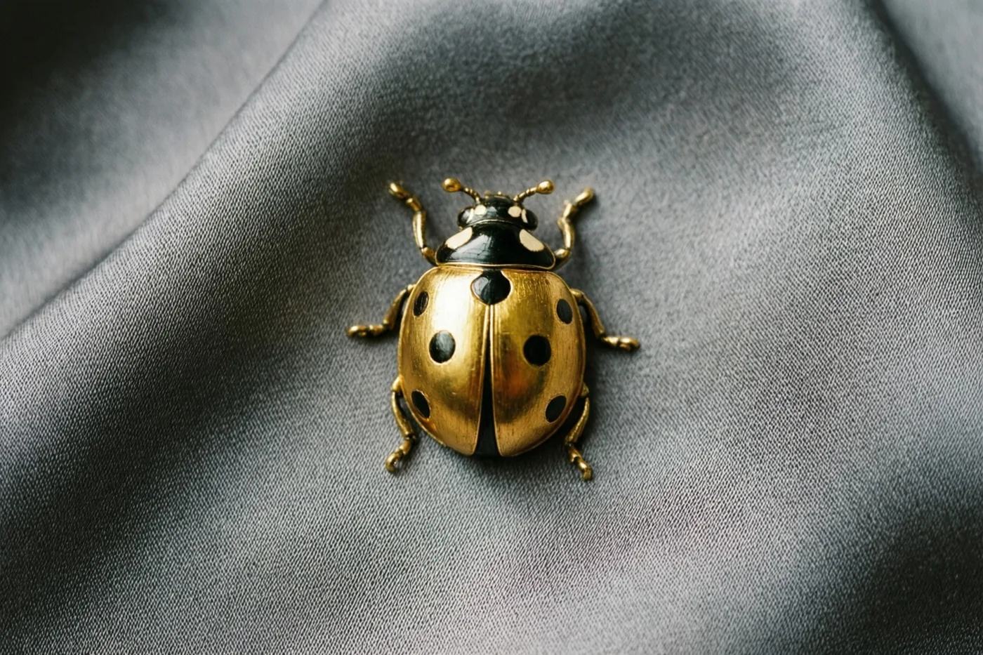 Een gouden lieveheersbeestjesbroche met zwarte stippen ligt op grijze zijde met zichtbare structuur, in zacht licht.