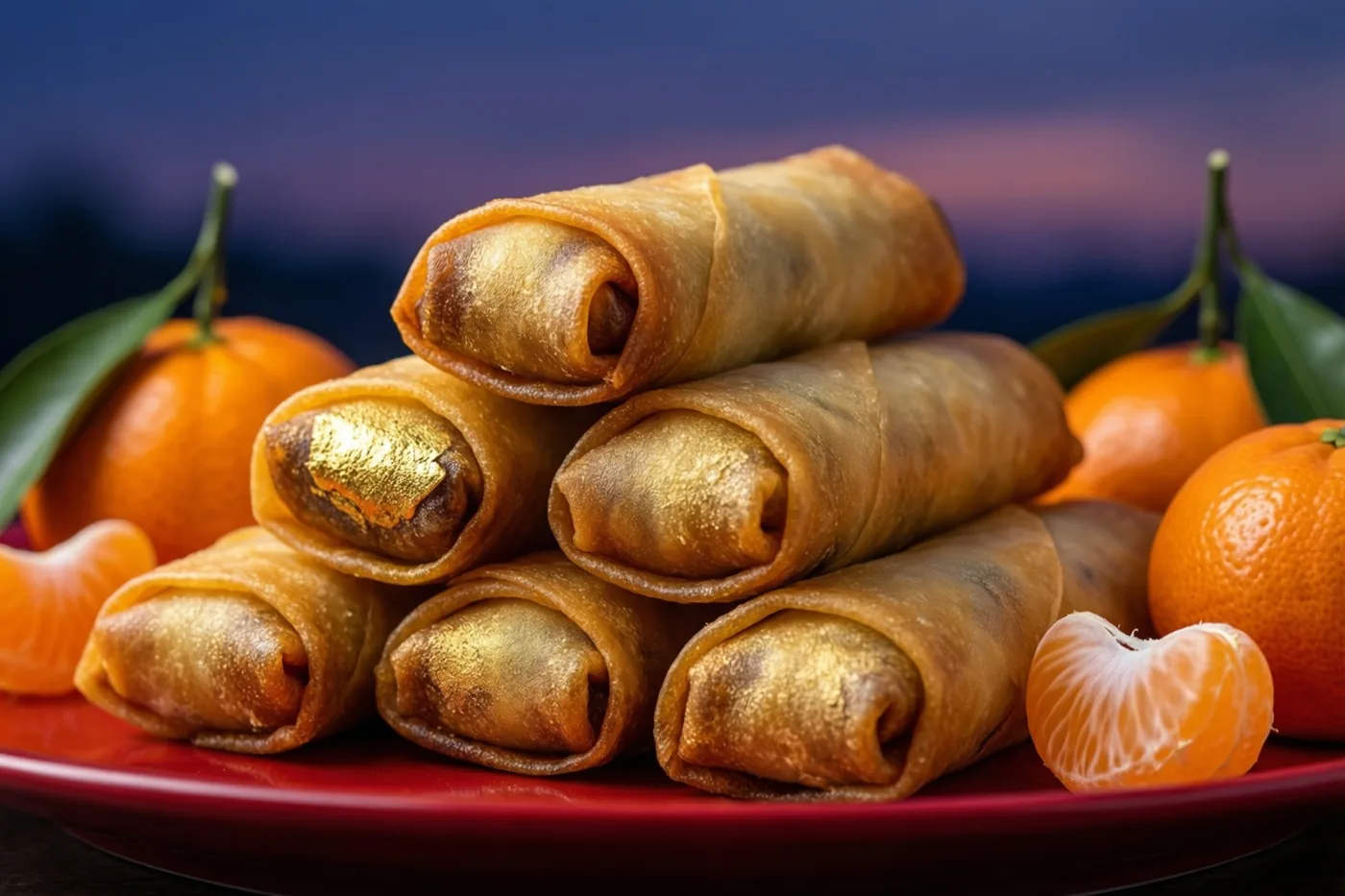 Een stapel gouden loempia's die op goudstaven lijken ligt op een rode schaal, omringd door hele en gepelde mandarijnen tegen een achtergrond met donkerblauwe en paarse tinten.