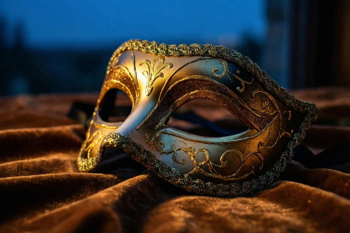 Een masker met bladgouden details ligt op een bruine fluwelen doek tegen een onscherpe blauwe achtergrond.