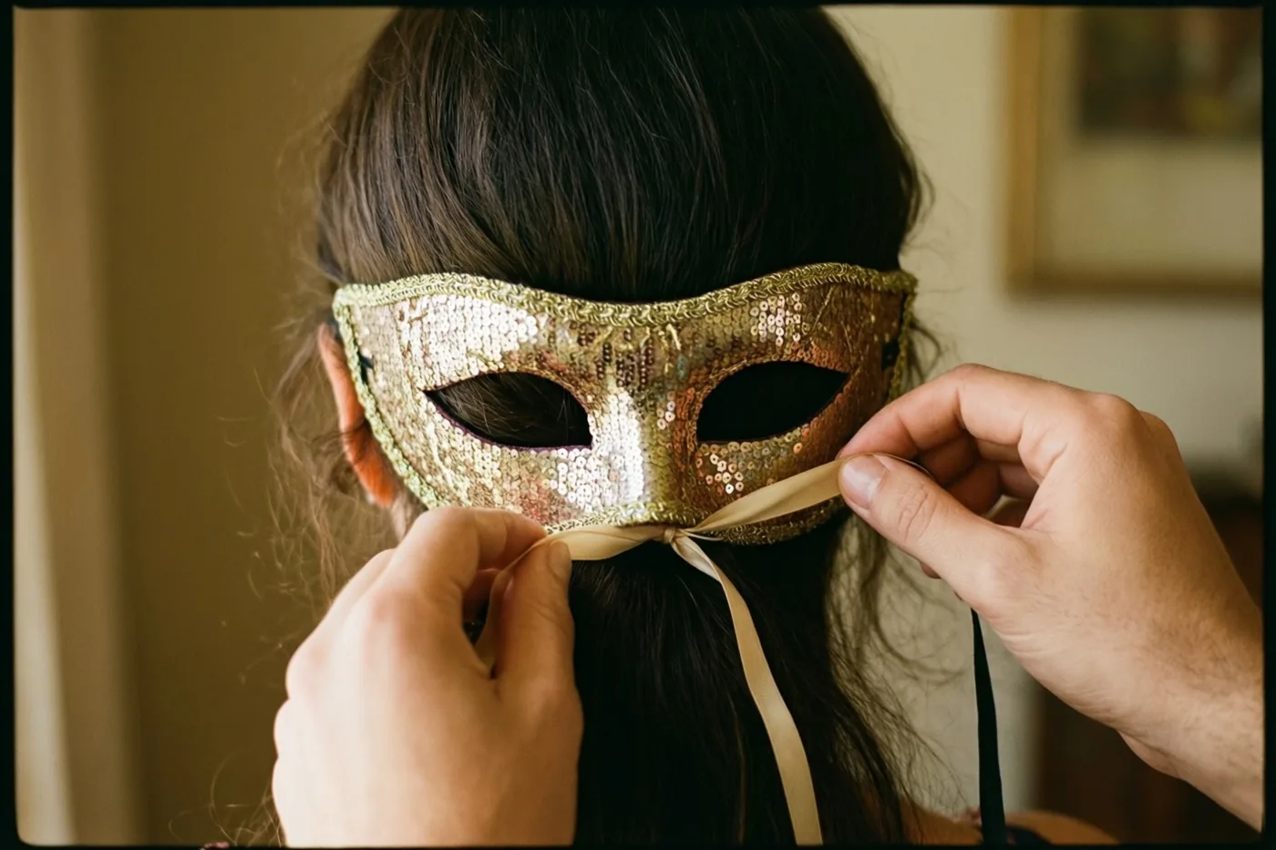 Van achteren is een persoon met donker haar te zien bij wie handen de linten van een goudkleurig masker met pailletten vastknopen, in warm licht tegen een onscherpe achtergrond.
