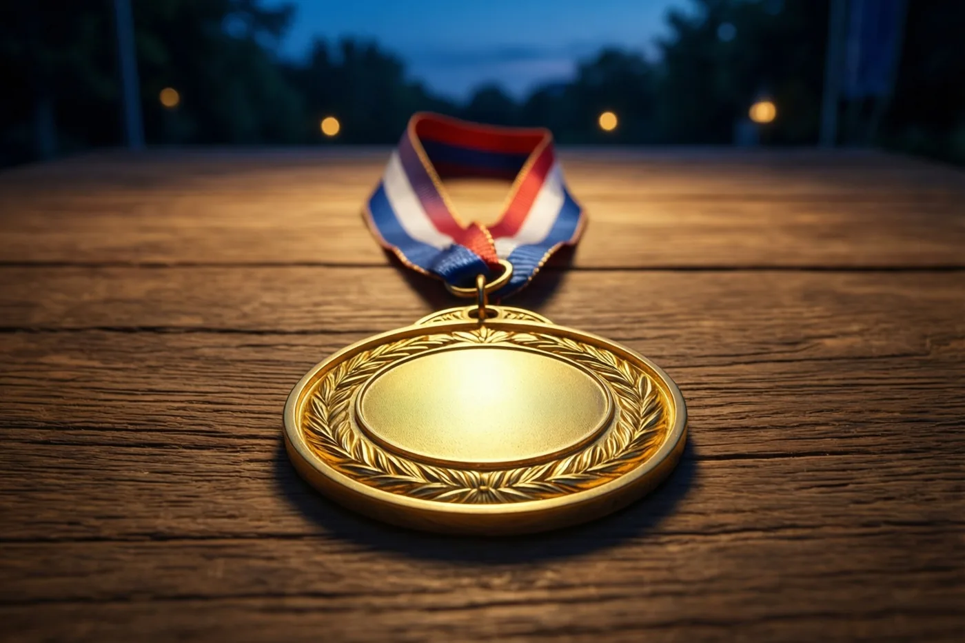 Een gouden medaille met een rood-wit-blauw lint ligt op een houten tafel in de schemering, met onscherpe bomen en lichtjes op de achtergrond.