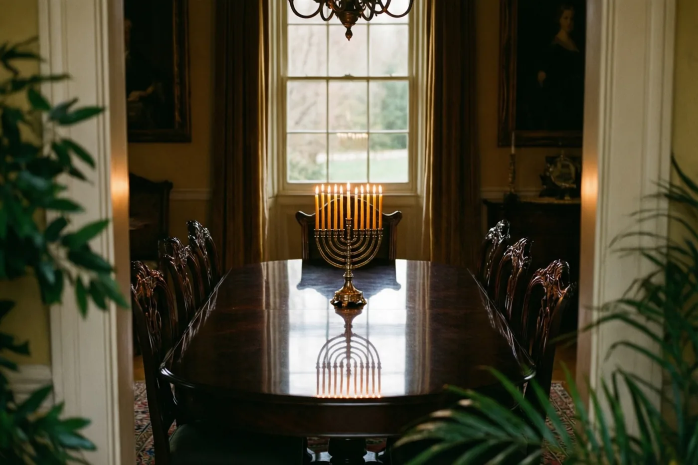 Een gouden menora met brandende kaarsen weerspiegelt in een donkere gepolijste eettafel, met sierlijke stoelen en een raam in de schemerige eetkamer.