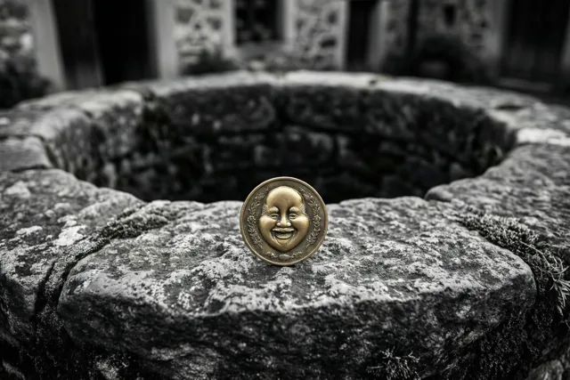 Een goudkleurige munt met een lachend gezicht ligt op de verweerde stenen rand van een oude ronde wensput, terwijl de rest van het beeld zwart-wit is.