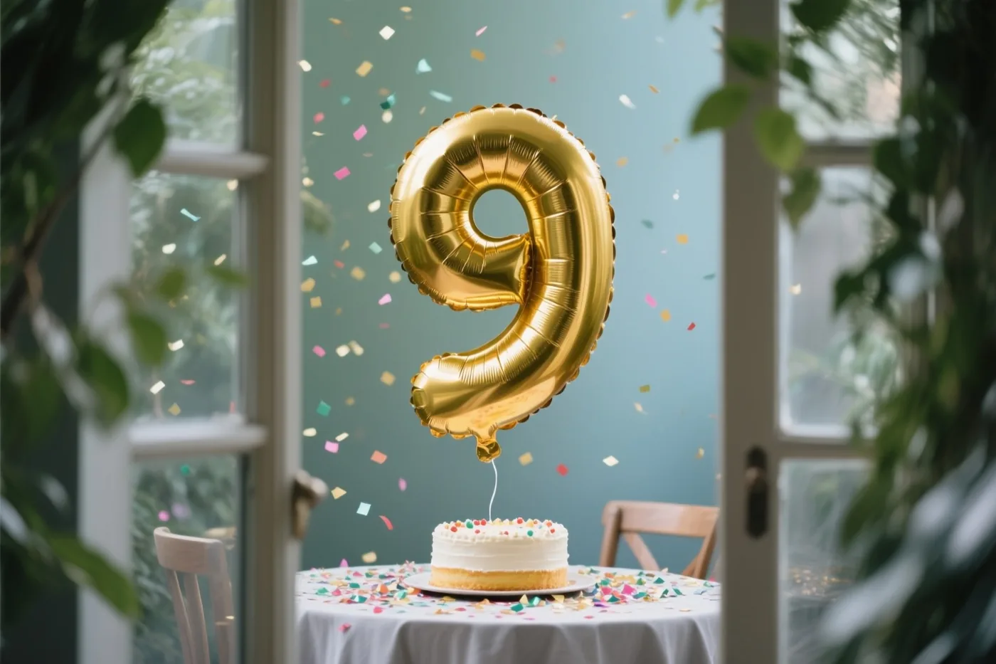 Door een raam met groen gebladerte is een grote gouden ballon in de vorm van een 9 te zien boven een kleine wit geglazuurde taart op een tafel met kleurrijke confetti.