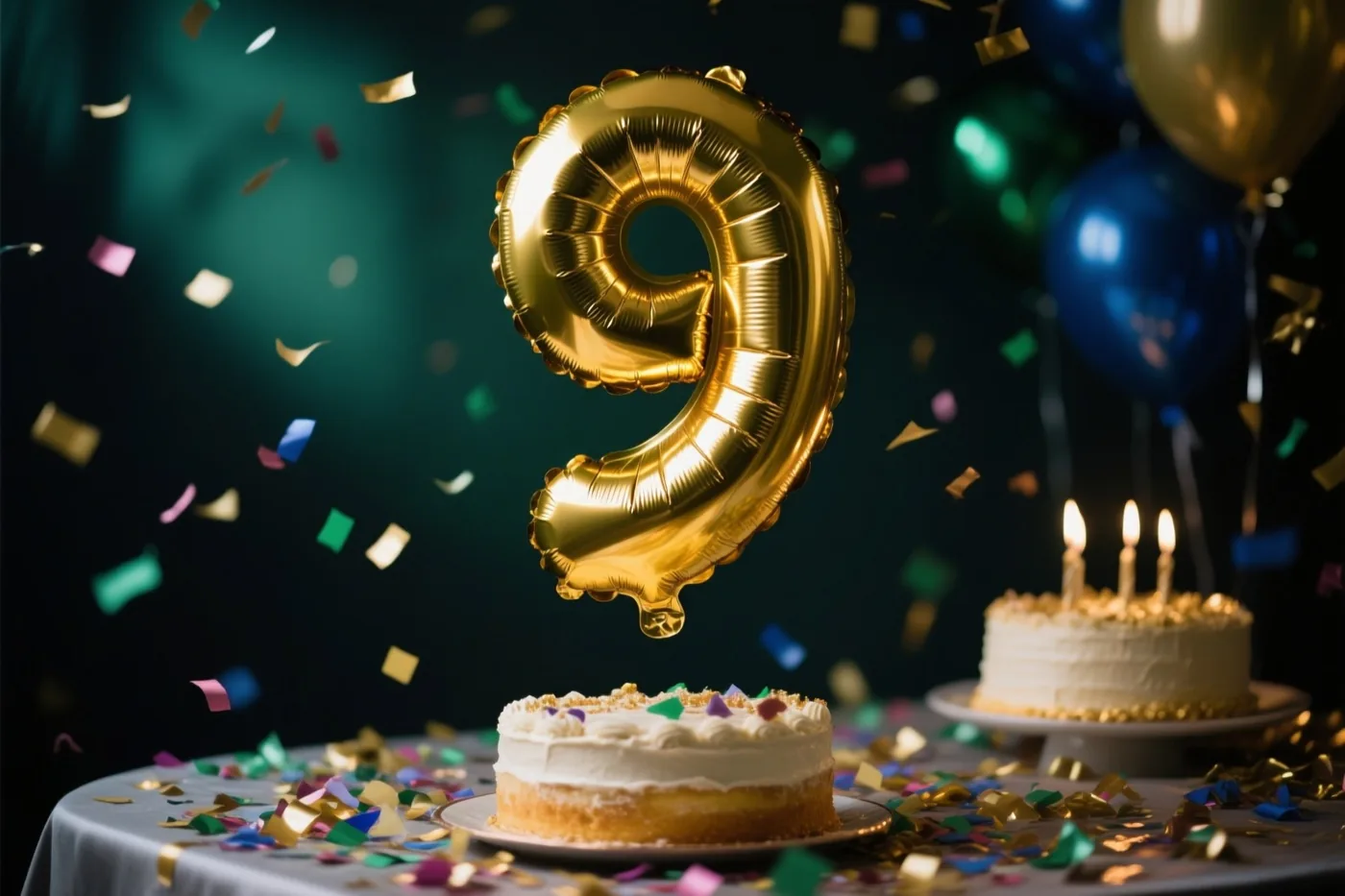 Een grote glanzende gouden ballon in de vorm van een 9 zweeft boven een tafel met taart en kleurrijke confetti, met ballonnen en vallende confetti tegen een donkere achtergrond.