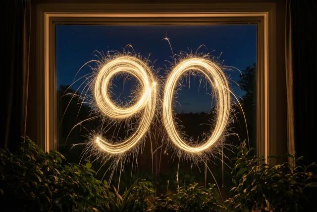 Gouden lichtsporen vormen 90 tegen een donkere nachthemel, gezien door een raam met gordijnen en kamerplanten.