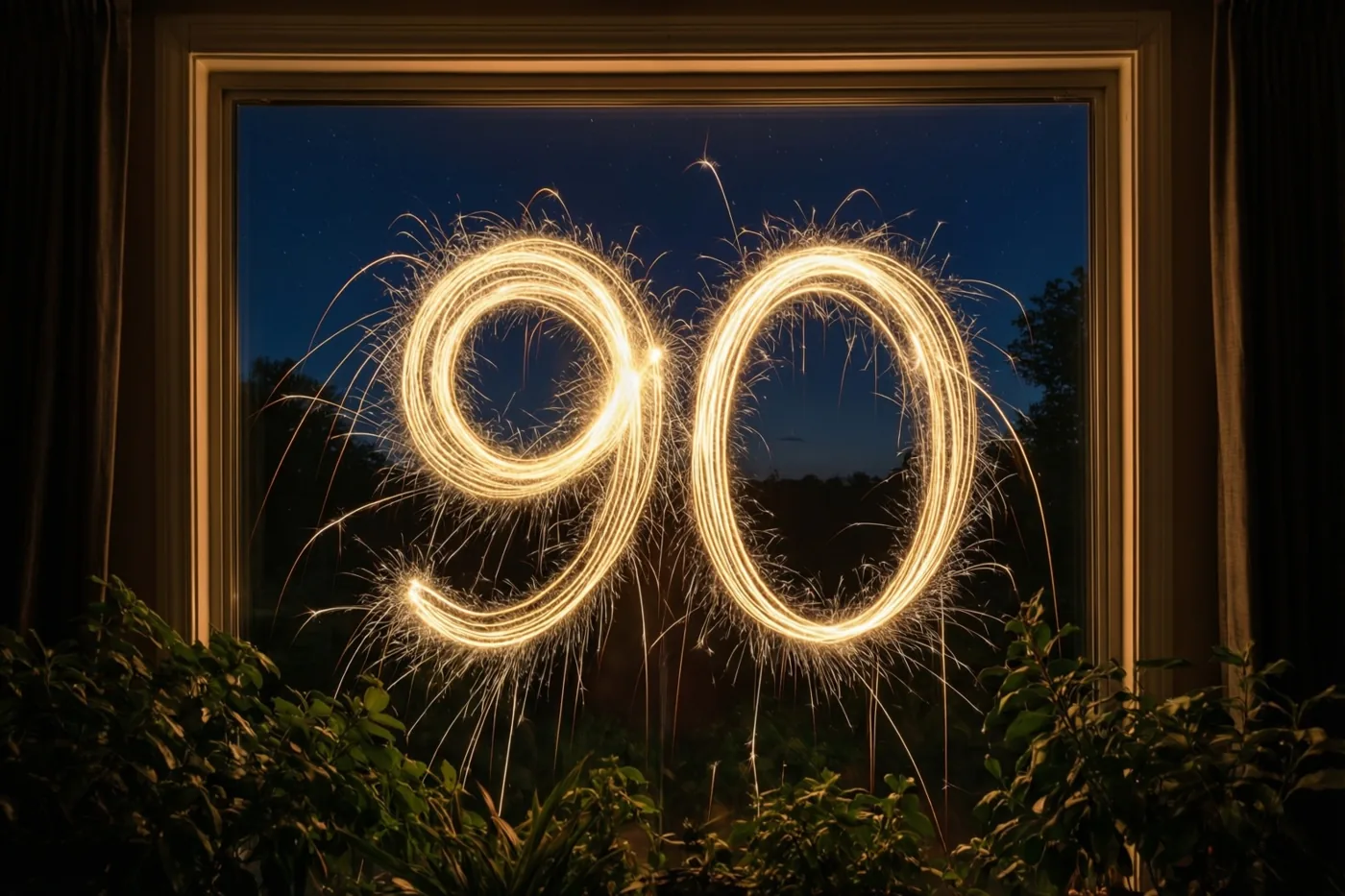 Gouden lichtsporen vormen 90 tegen een donkere nachthemel, gezien door een raam met gordijnen en kamerplanten.
