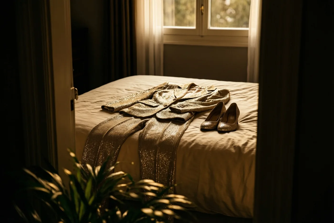 Een glanzende gouden outfit en bijpassende schoenen liggen op een bed in een warm verlichte slaapkamer met gouden en beige tinten.